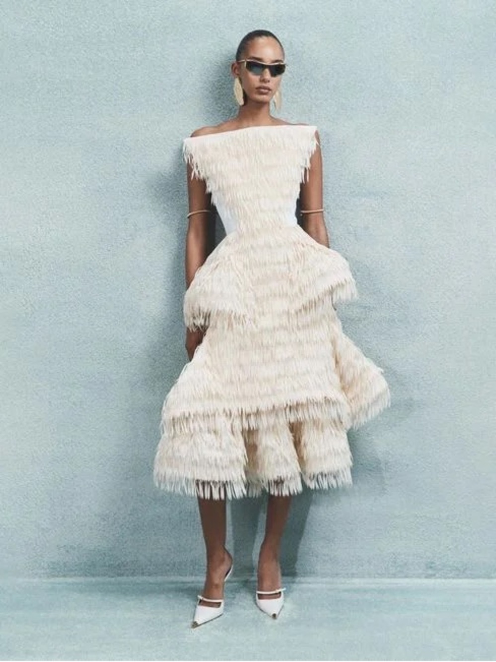 Maticevski Cream Off-Shoulder Fringe Midi Dress